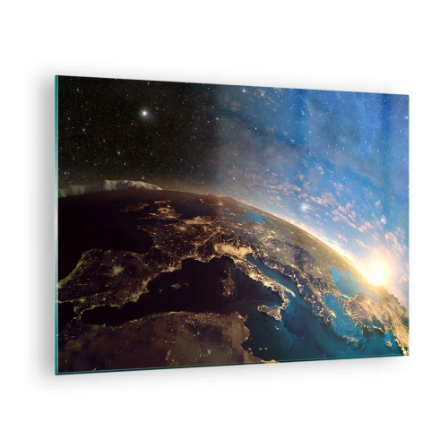 Quadro su vetro - Una vista della Terra dallo spazio con l'alba visibile - 70x50cm - Guardiamoci da lontano - Decorazione murale moderna per soggiorno e camera da letto ARTTOR