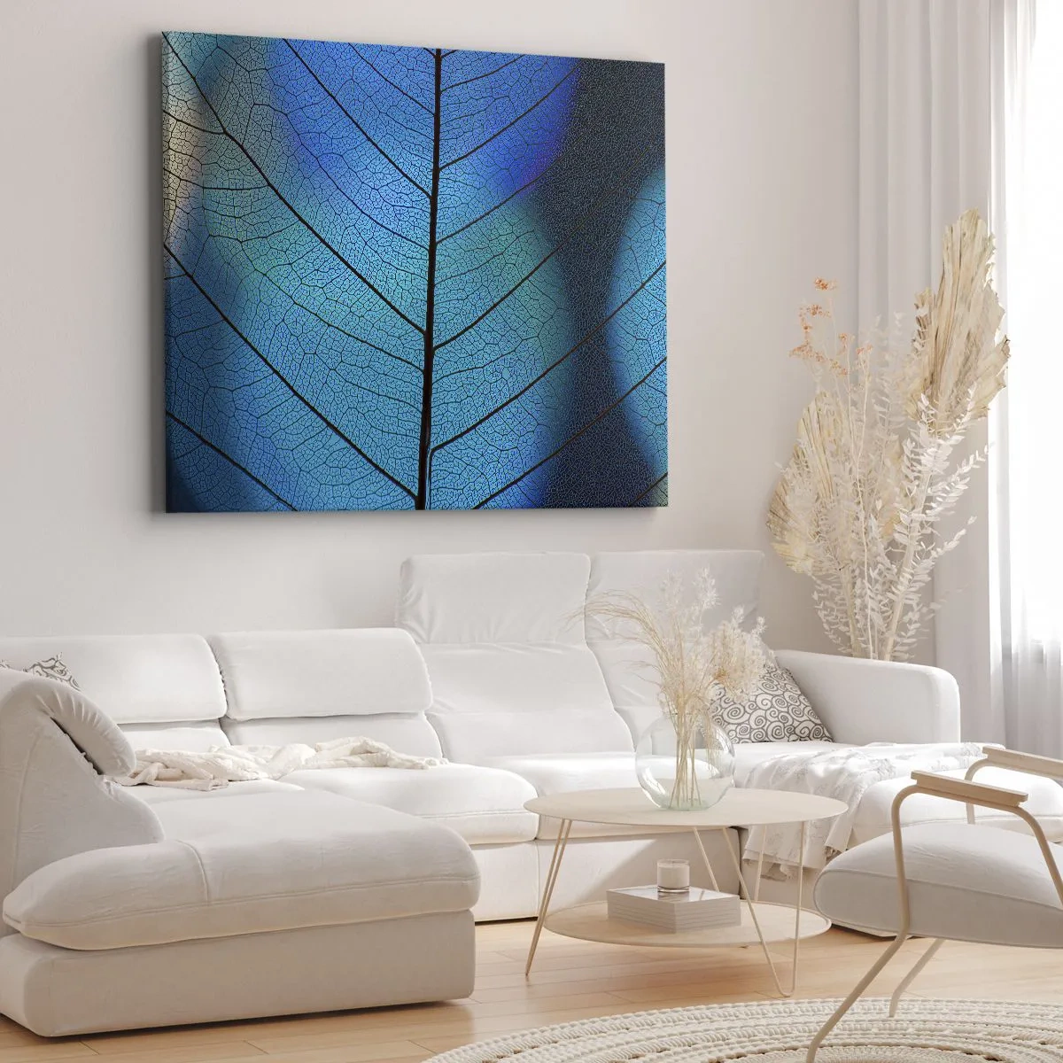 Quadro su tela - Stampe su Tela - Primo piano di una foglia blu con dettaglio delle venature visibile - 120x80cm - Struttura intricata - Decorazione murale moderna per soggiorno e camera da letto ARTTOR