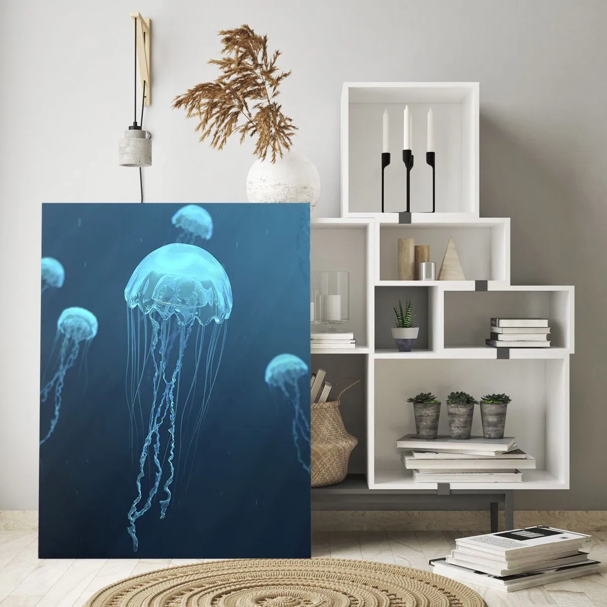Quadro su vetro - Meduse che galleggiano nelle profondità dell'oceano nei toni del blu - 80x120cm - La danza oceanica - Decorazione murale moderna per soggiorno e camera da letto ARTTOR