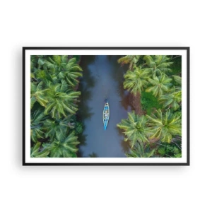 Poster in cornice nera - Vista a volo d'uccello di una barca su un fiume circondata da palme - 100x70cm - Sul percorso tropicale - Decorazione murale moderna per soggiorno e camera da letto ARTTOR