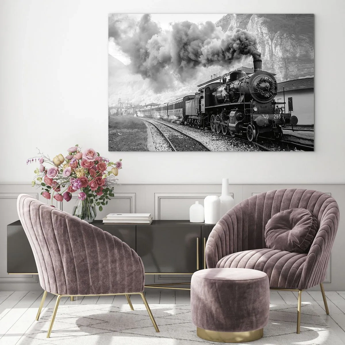 Quadro su vetro - Un vecchio treno a vapore in un paesaggio montano - 100x70cm - Ferma alla stazione... - Decorazione murale moderna per soggiorno e camera da letto ARTTOR