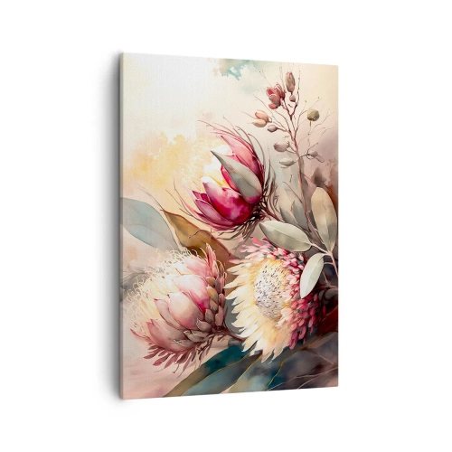 Quadro su tela - Stampe su Tela - Fiori di protea in delicate tonalità pastello - 50x70cm - Di profilo e di fronte - Decorazione murale moderna per soggiorno e camera da letto ARTTOR
