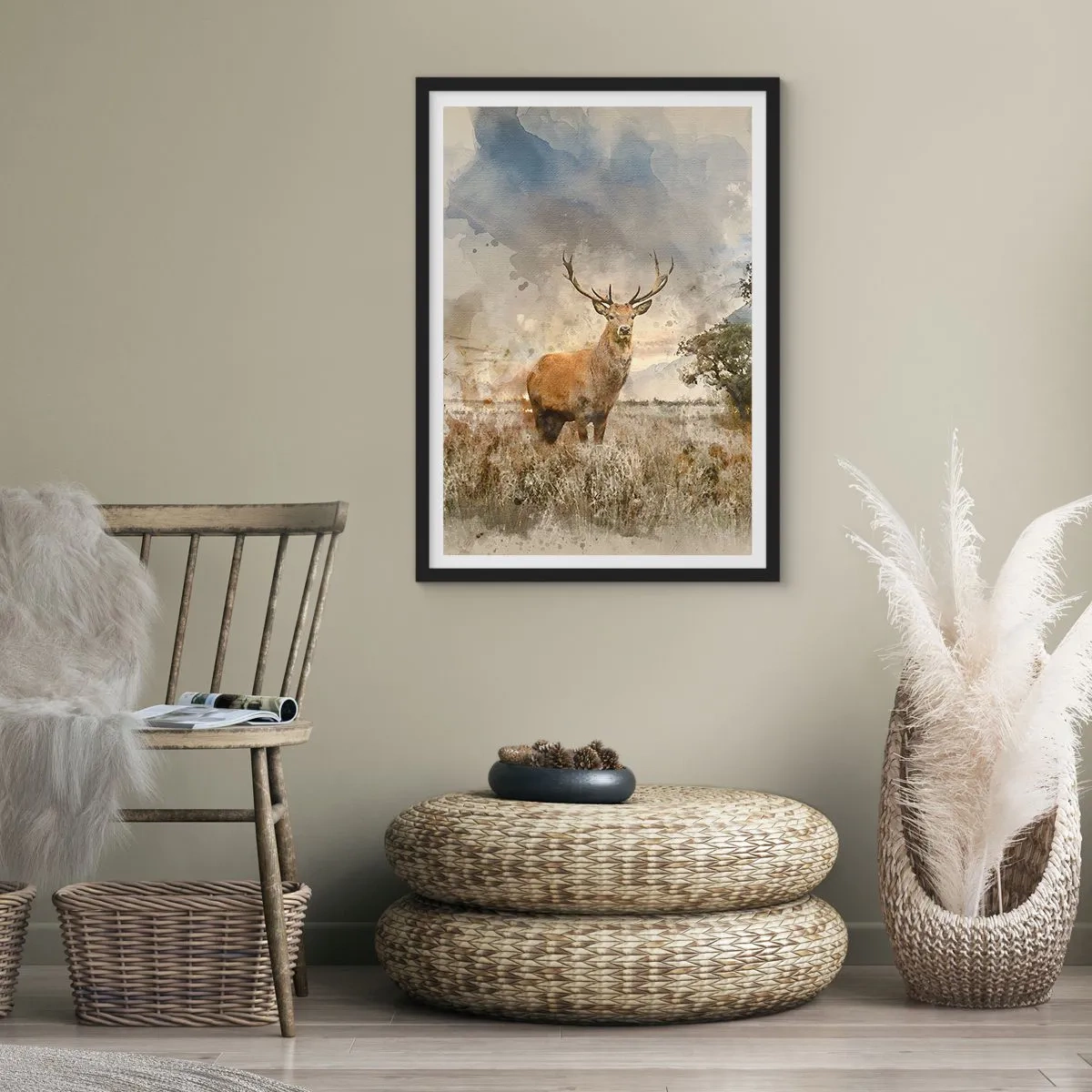 Poster in cornice nera - Cervo su sfondo naturale in stile pittorico - 50x70cm - Dignità - forza - maestosità - Decorazione murale moderna per soggiorno e camera da letto ARTTOR