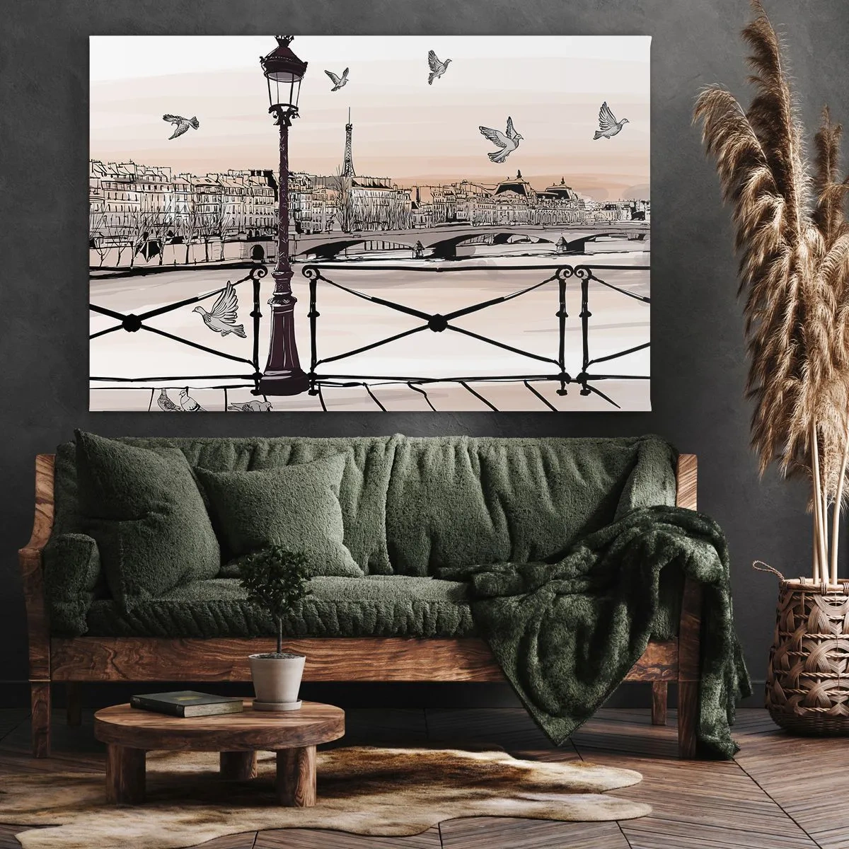 Quadro su tela - Stampe su Tela - Veduta parigina con lanterna e ponte - 120x80cm - Sui tetti di Parigi - Decorazione murale moderna per soggiorno e camera da letto ARTTOR