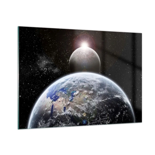 Quadro su vetro - Terra e Luna nello spazio - 100x70cm - Paesaggio cosmico: sorgere del sole - Decorazione murale moderna per soggiorno e camera da letto ARTTOR