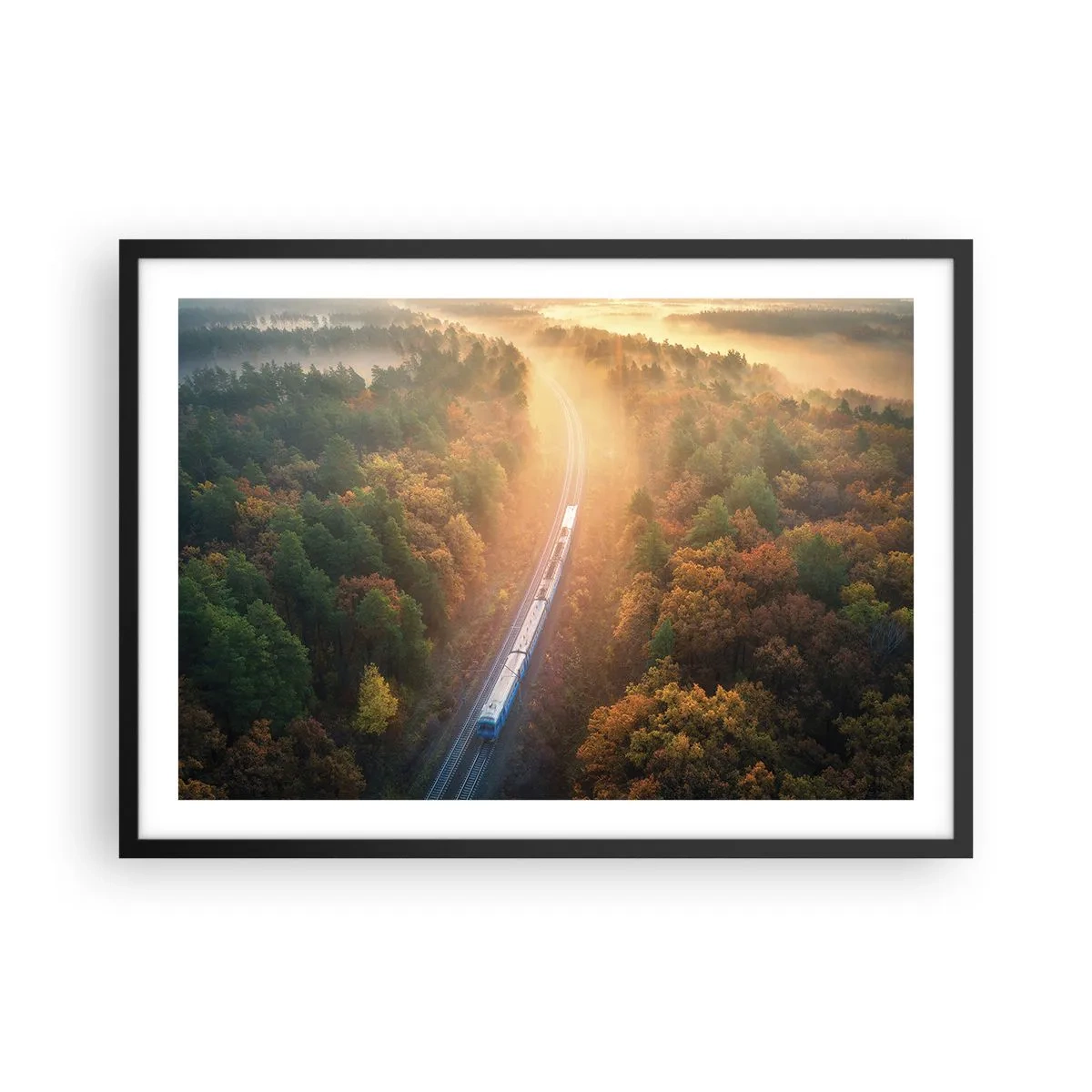 Poster in cornice nera - Un treno in una foresta autunnale all'alba - 70x50cm - Viaggio autunnale - Decorazione murale moderna per soggiorno e camera da letto ARTTOR