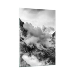Quadro su vetro - Vista in bianco e nero delle montagne circondate dalle nuvole - 80x120cm - Belli e terribili - Decorazione murale moderna per soggiorno e camera da letto ARTTOR