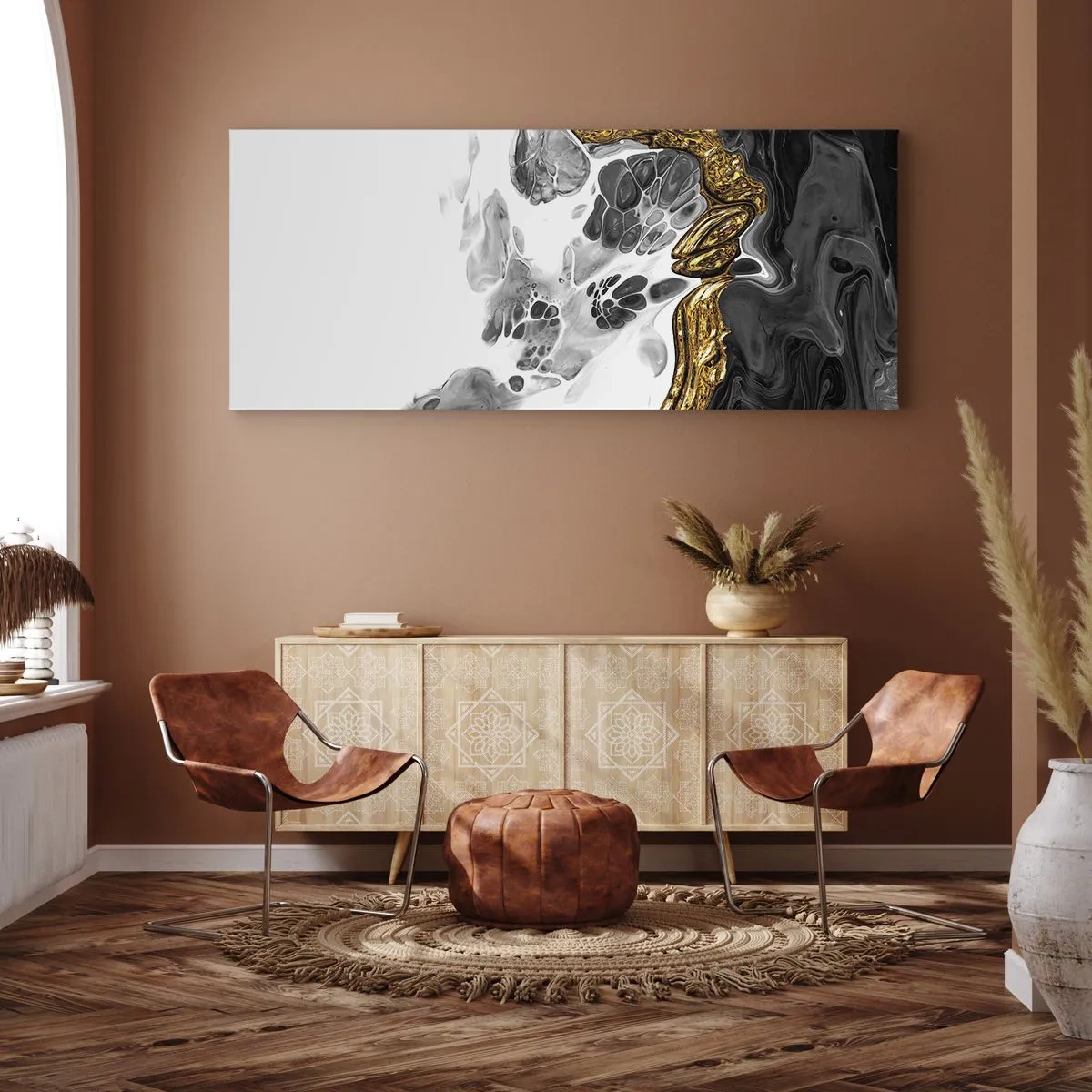 Quadro su tela - Stampe su Tela - Una composizione astratta con accenti di oro e nero. - 140x50cm - Composizione organica - Decorazione murale moderna per soggiorno e camera da letto ARTTOR