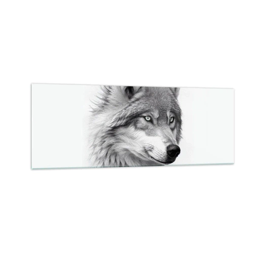 Quadro su vetro - Un ritratto realistico di un lupo in tonalità di grigio. - 140x50cm - Alfa, senza dubbio - Decorazione murale moderna per soggiorno e camera da letto ARTTOR