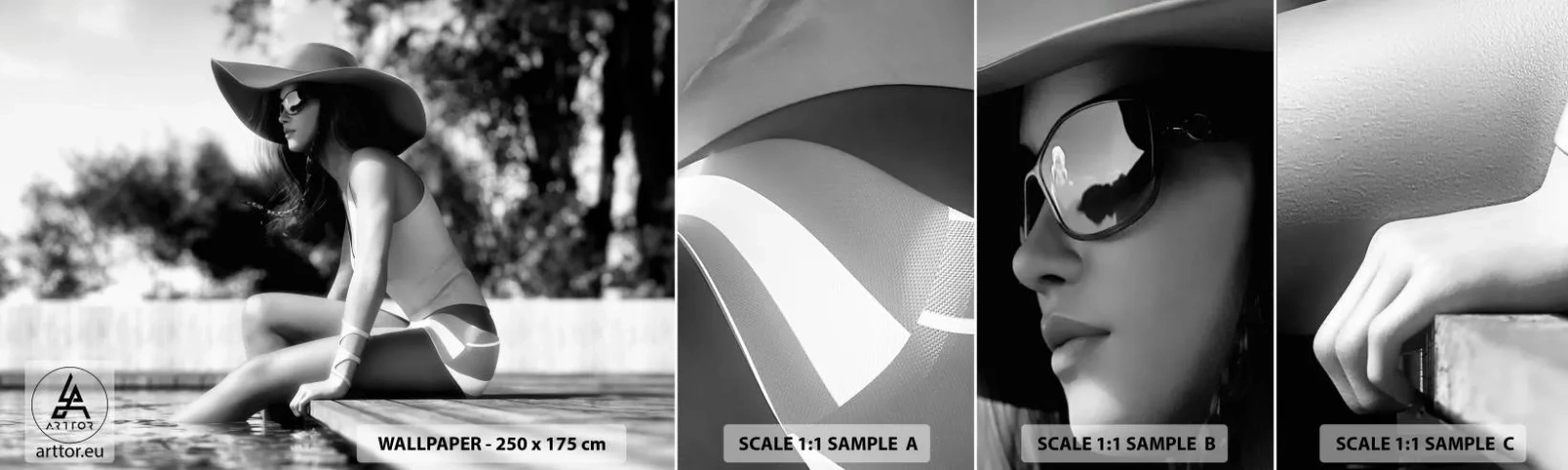 Campione Di Fotomurale Standard Eco - Sogno estivo - Donna, Cappello, Piscina - 100x30 cm