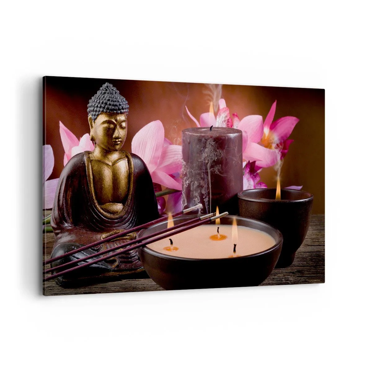 Quadro su tela - Stampe su Tela - Statuetta di Buddha con candele accese e bastoncini di incenso - 120x80cm - Purificare la mente, calmare il corpo - Decorazione murale moderna per soggiorno e camera da letto ARTTOR