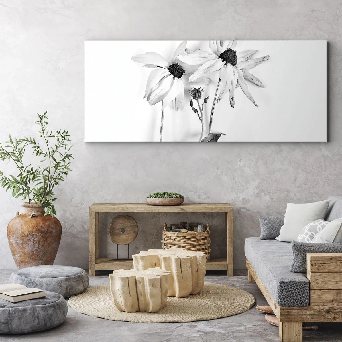 Quadro su tela - Stampe su Tela - Fiori bianchi e neri con una composizione delicata - 120x50cm - Nessuno vuole essere solo - Decorazione murale moderna per soggiorno e camera da letto ARTTOR