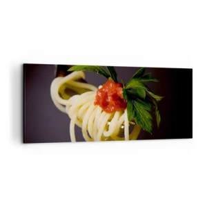 Quadro su tela - Stampe su Tela - Spaghetti alla forchetta con salsa di pomodoro e prezzemolo - 120x50cm - Un boccone delizioso - Decorazione murale moderna per soggiorno e camera da letto ARTTOR
