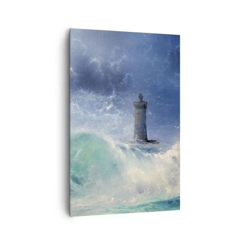 Quadro su tela - Stampe su Tela - Un faro circondato da onde agitate e nuvole - 80x120cm - In difesa contro gli elementi - Decorazione murale moderna per soggiorno e camera da letto ARTTOR
