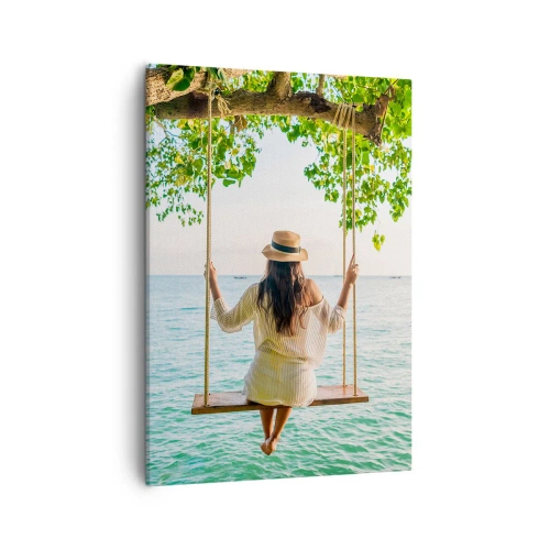 Quadro su tela - Stampe su Tela - Donna su un'altalena in riva al mare in un paesaggio tropicale - 50x70cm - La vita è bella - Decorazione murale moderna per soggiorno e camera da letto ARTTOR