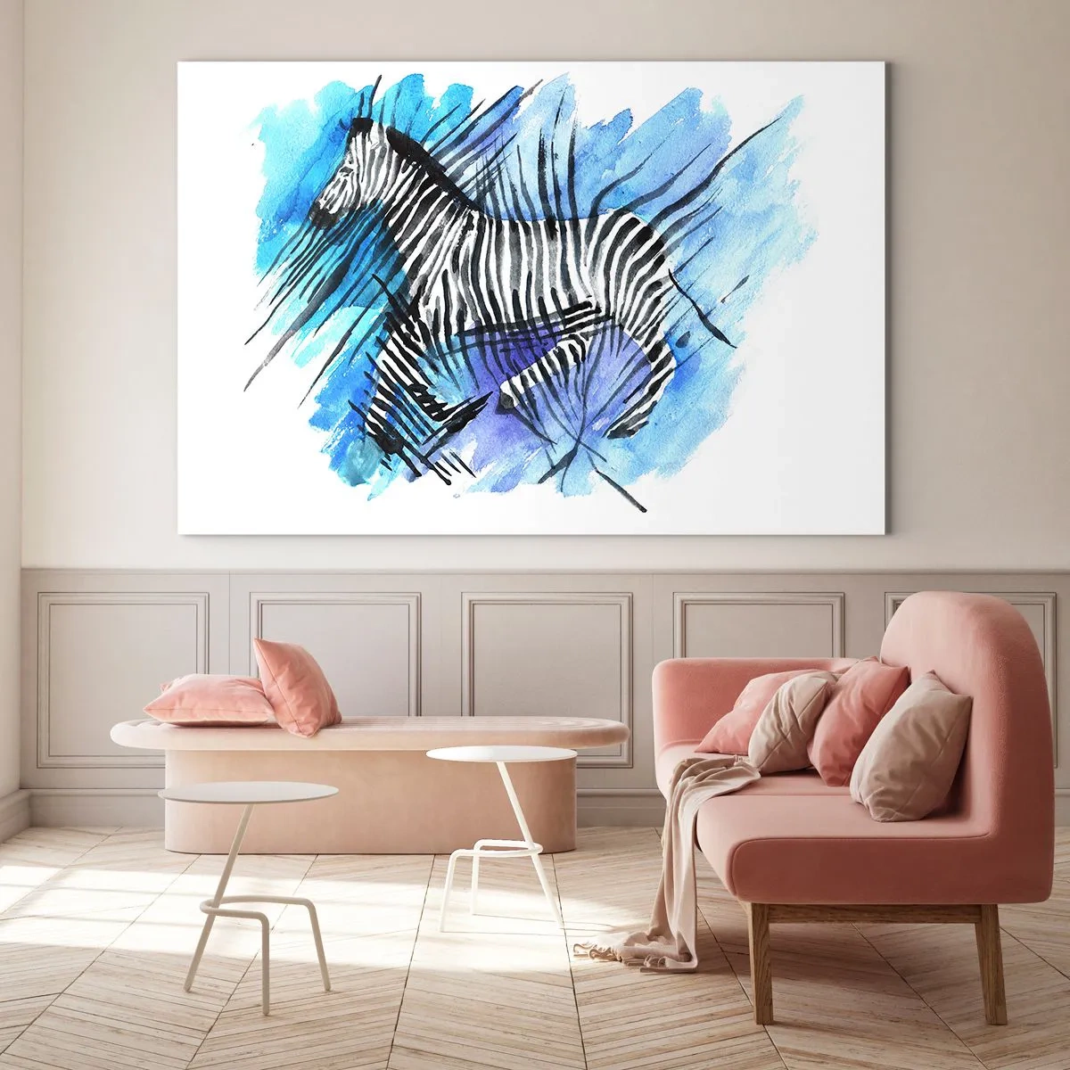 Quadro su vetro - Una zebra in una composizione artistica ad acquerello su uno sfondo blu - 70x50cm - Nascosta nelle strisce - Decorazione murale moderna per soggiorno e camera da letto ARTTOR