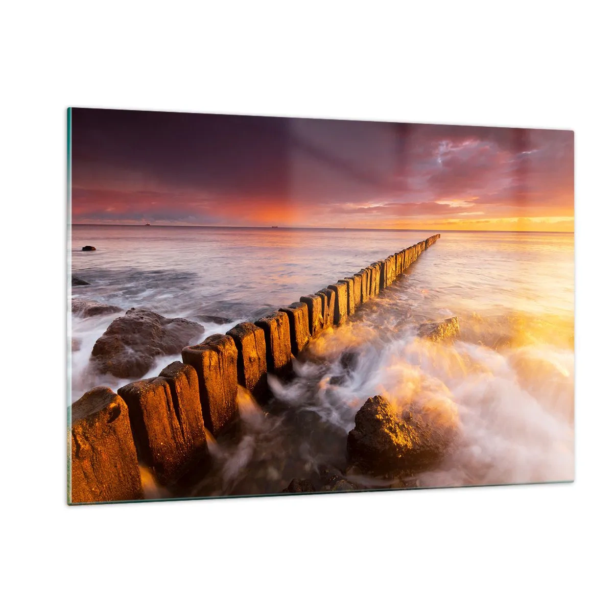 Quadro su vetro - Tramonto sul mare con frangiflutti in legno - 120x80cm - La mitezza delle onde - Decorazione murale moderna per soggiorno e camera da letto ARTTOR
