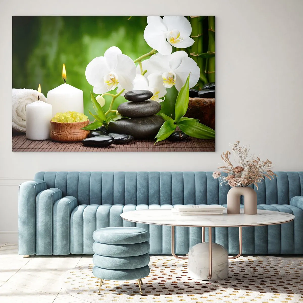Quadro su vetro - Spa con orchidee, pietre e candele su uno sfondo verde - 70x50cm - Tocco delicato, fragrante, floreale - Decorazione murale moderna per soggiorno e camera da letto ARTTOR
