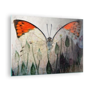 Quadro su vetro - Una farfalla artistica circondata da delicati fiori su uno sfondo grigio. - 70x50cm - Dove la farfalla si dondola sull'erba - Decorazione murale moderna per soggiorno e camera da letto ARTTOR