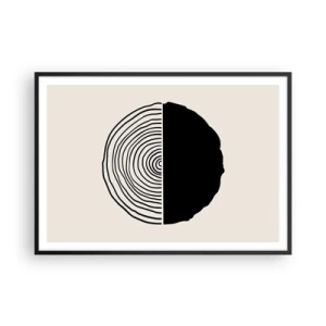 Poster in cornice nera - Un motivo astratto in bianco e nero ispirato a una sezione trasversale di legno con una divisione geometrica. - 100x70cm - A metà - Decorazione murale moderna per soggiorno e camera da letto ARTTOR