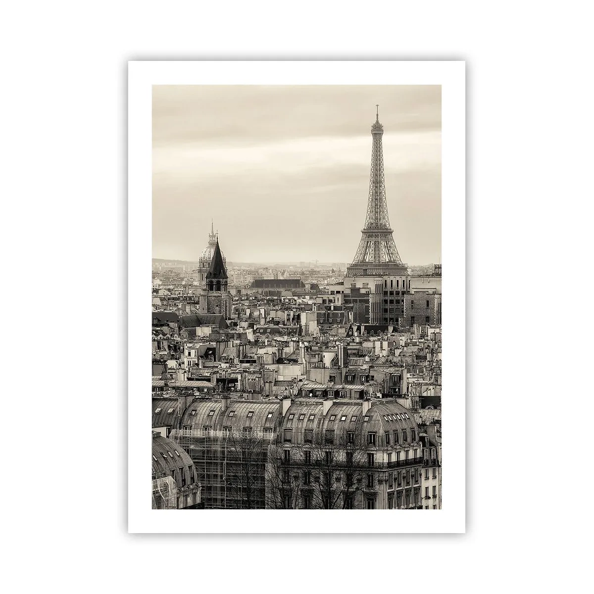 Poster - Panorama di Parigi con la Torre Eiffel in tonalità seppia - 50x70cm - Sui tetti di Parigi - Decorazione murale moderna per soggiorno e camera da letto ARTTOR