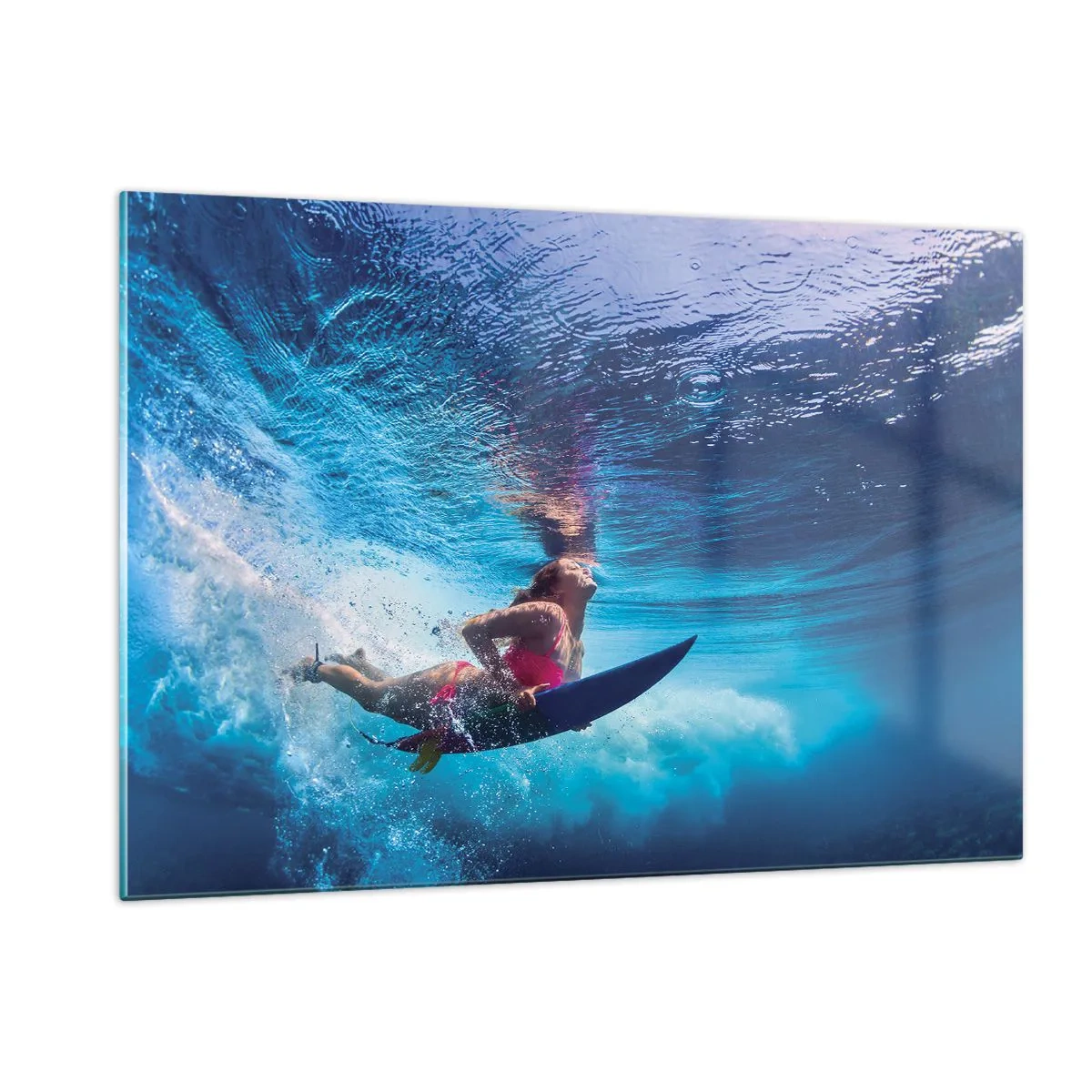 Quadro su vetro - Una scena subacquea con un surfista in azione dinamica - 120x80cm - La profondità della gioia - Decorazione murale moderna per soggiorno e camera da letto ARTTOR