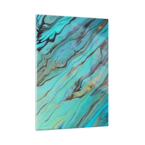 Quadro su vetro - Striature astratte in turchese e oro - 50x70cm - Marea turchese - Decorazione murale moderna per soggiorno e camera da letto ARTTOR