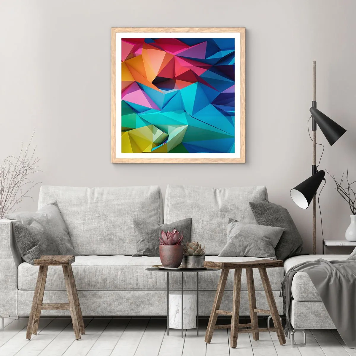 Poster in cornice rovere chiaro - Origami arcobaleno - 60x60 cm