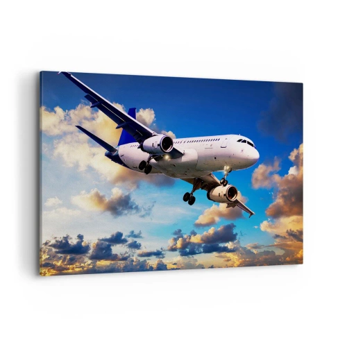 Quadro su tela - Stampe su Tela - Un aereo passeggeri contro le nuvole al tramonto - 120x80cm - Viaggio nel bianco e nel blu - Decorazione murale moderna per soggiorno e camera da letto ARTTOR