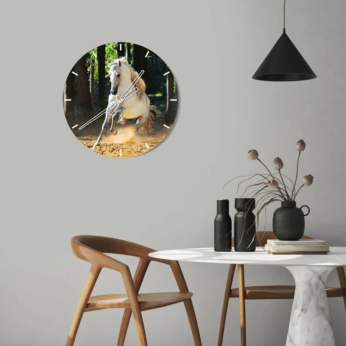 Orologio da parete - Orologio in Vetro - Un cavallo bianco che galoppa tra gli alberi - 30x30cm - Come nei racconti fantasy - Decorazione murale moderna per soggiorno, cucina e camera da letto ARTTOR