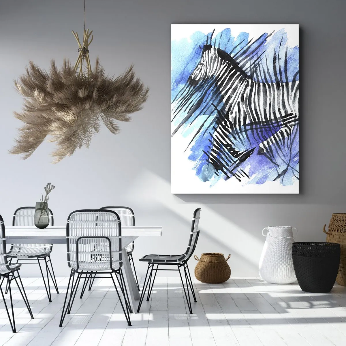 Quadro su tela - Stampe su Tela - Illustrazione ad acquerello di una zebra contro un cielo blu - 70x100cm - Nascosta nelle strisce - Decorazione murale moderna per soggiorno e camera da letto ARTTOR