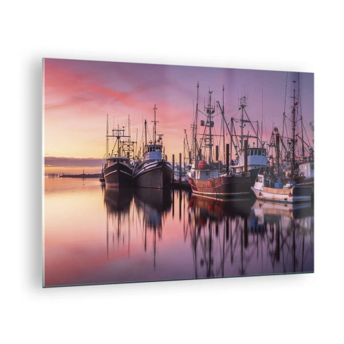 Quadro su vetro - Barche da pesca al tramonto in un porto tranquillo - 70x50cm - Prima del giorno successivo - Decorazione murale moderna per soggiorno e camera da letto ARTTOR