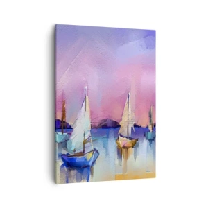Quadro su tela - Stampe su Tela - Barche a vela su un mare calmo nei colori pastello del tramonto - 50x70cm - Direzione: mare aperto - Decorazione murale moderna per soggiorno e camera da letto ARTTOR