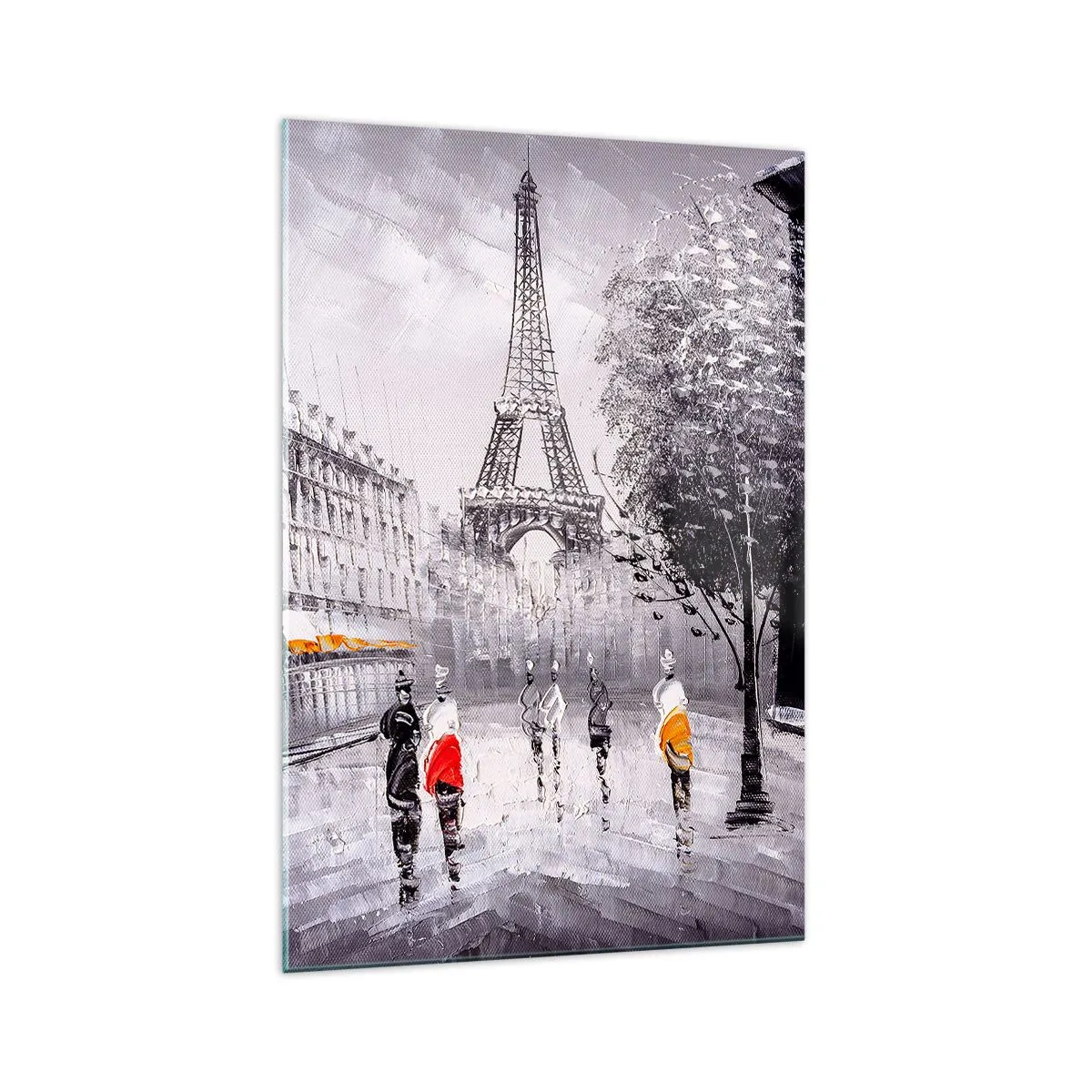 Quadro su vetro - Una vista della Torre Eiffel in un ambiente monocromatico con accenti di colore - 70x100cm - Passeggiata a Parigi - Decorazione murale moderna per soggiorno e camera da letto ARTTOR