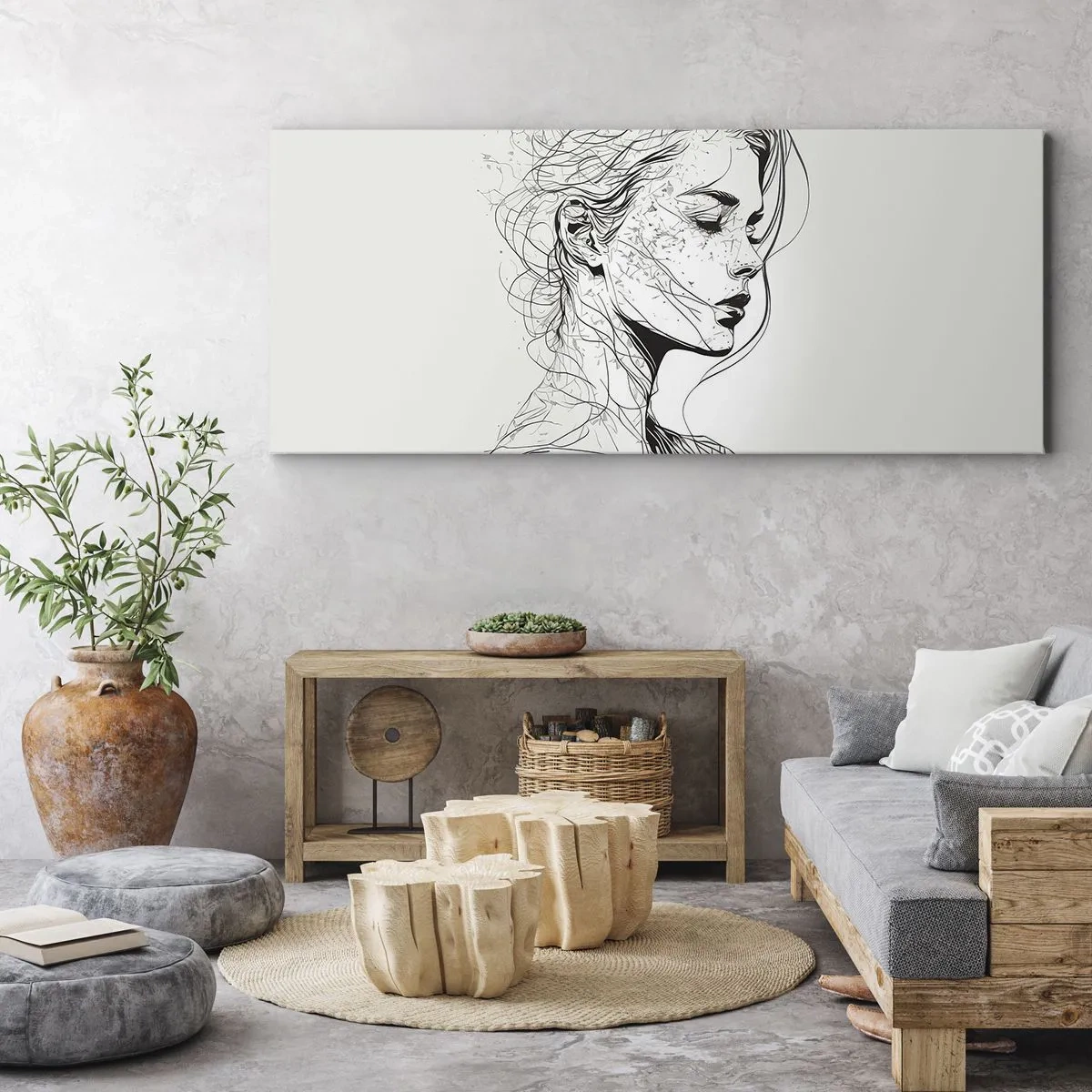 Quadro su tela - Stampe su Tela - Un delicato ritratto di donna in stile grafico minimalista. - 140x50cm - Ritratto pensieroso - Decorazione murale moderna per soggiorno e camera da letto ARTTOR