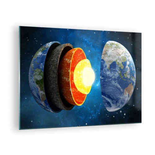 Quadro su vetro - Una sezione trasversale della Terra che mostra i suoi strati sullo sfondo dello spazio. - 70x50cm - Viaggio al centro della terra - Decorazione murale moderna per soggiorno e camera da letto ARTTOR