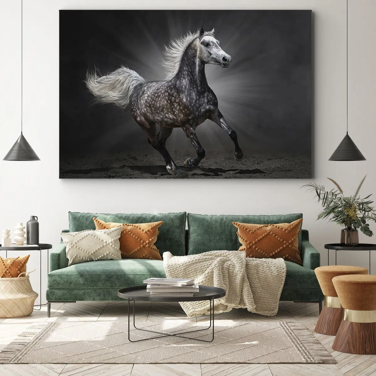Quadro su tela - Stampe su Tela - Un cavallo bianco al galoppo su uno sfondo scuro - 120x80cm - Grigio è bello - Decorazione murale moderna per soggiorno e camera da letto ARTTOR