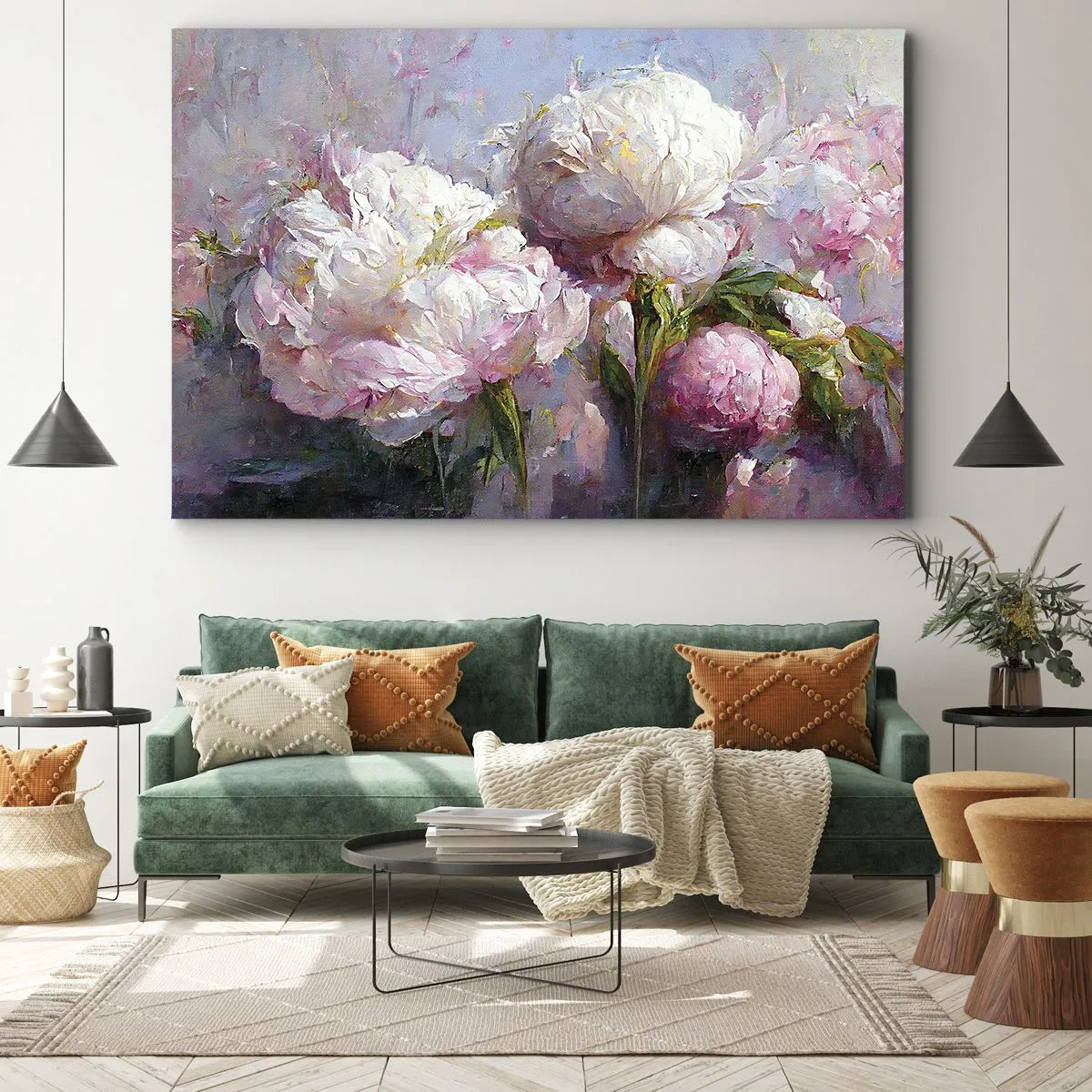 Quadro su tela - Stampe su Tela - Romantici fiori di peonia in colori pastello - 70x50cm - Un bouquet pieno di vita - Decorazione murale moderna per soggiorno e camera da letto ARTTOR