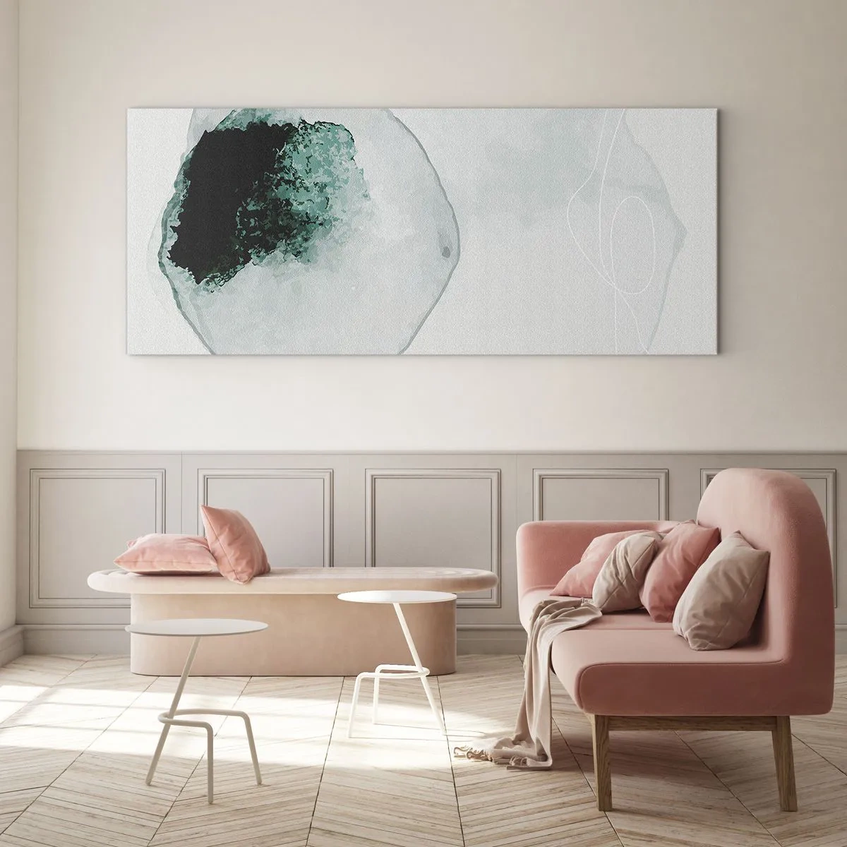Quadro su vetro - Goccia d'acqua astratta con sfumature di verde e nero - 140x50cm - In una goccia d'acqua - Decorazione murale moderna per soggiorno e camera da letto ARTTOR