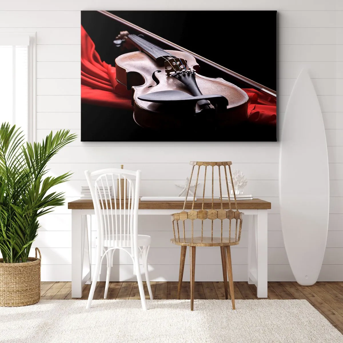 Quadro su tela - Stampe su Tela - Violino su tessuto rosso con sfondo nero - 100x70cm - La musica dei sentimenti - Decorazione murale moderna per soggiorno e camera da letto ARTTOR