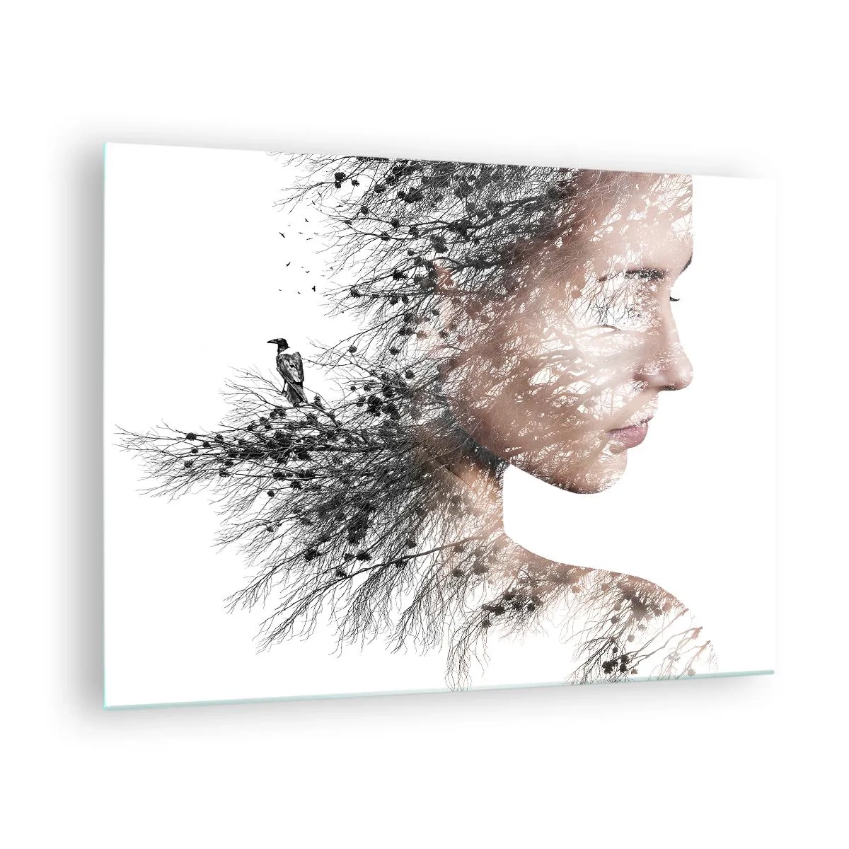 Quadro su vetro - Ritratto di donna con rami sullo sfondo - 70x50cm - Lo spirito della foresta - Decorazione murale moderna per soggiorno e camera da letto ARTTOR
