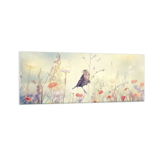 Quadro su vetro - Un uccello sullo sfondo di un prato colorato in colori pastello - 140x50cm - Ritratto d'uccello con prato di sfondo - Decorazione murale moderna per soggiorno e camera da letto ARTTOR