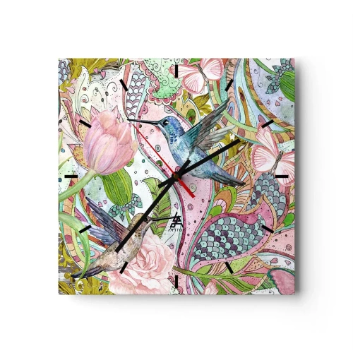 Orologio da parete - Orologio in Vetro - Colibrì e farfalle colorati tra le piante - 30x30cm - Intrecciate nei rami - Decorazione murale moderna per soggiorno e camera da letto ARTTOR