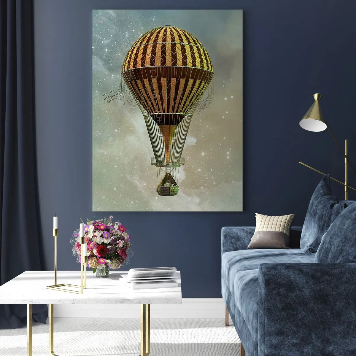 Quadro su vetro - Un palloncino stilizzato sullo sfondo di un cielo stellato e nuvole. - 50x70cm - I voli dei pionieri - Decorazione murale moderna per soggiorno e camera da letto ARTTOR