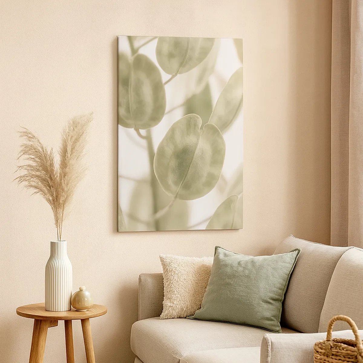 Quadro su tela - Stampe su Tela - Un delicato dipinto di foglie in tonalità pastello di verde su uno sfondo chiaro. - 50x70cm - All'inizio vi erano le foglie... - Decorazione murale moderna per soggiorno e camera da letto ARTTOR