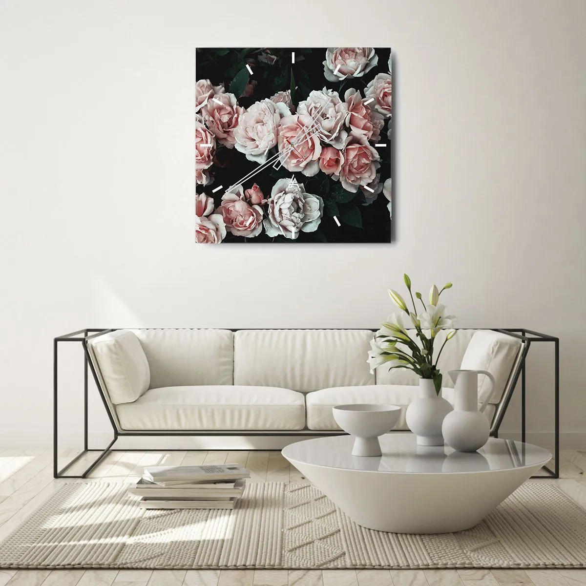 Orologio da parete - Orologio in Vetro - Rose rosa su sfondo scuro in una composizione delicata - 30x30cm - Composizione di rose - Decorazione murale moderna per soggiorno e camera da letto ARTTOR