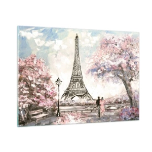 Quadro su vetro - Illustrazione della Torre Eiffel in un ambiente primaverile - 100x70cm - Passeggiata a Parigi in aprile - Decorazione murale moderna per soggiorno e camera da letto ARTTOR