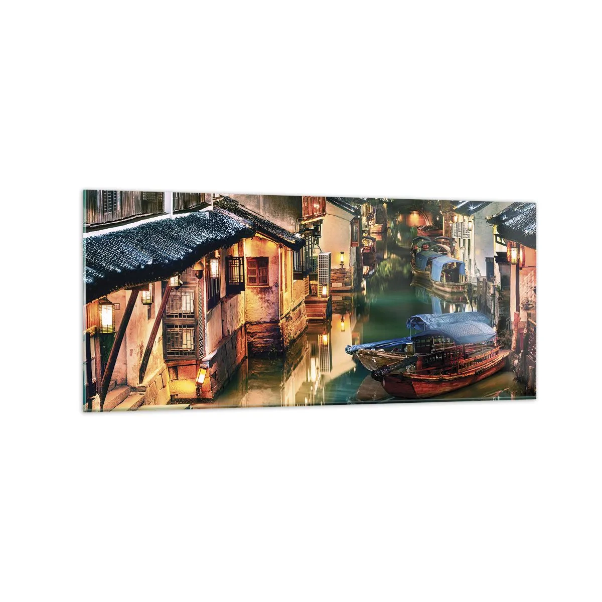Quadro su vetro - Vista notturna dei canali con barche e case tradizionali - 120x50cm - Sera in una via cinese - Decorazione murale moderna per soggiorno e camera da letto ARTTOR