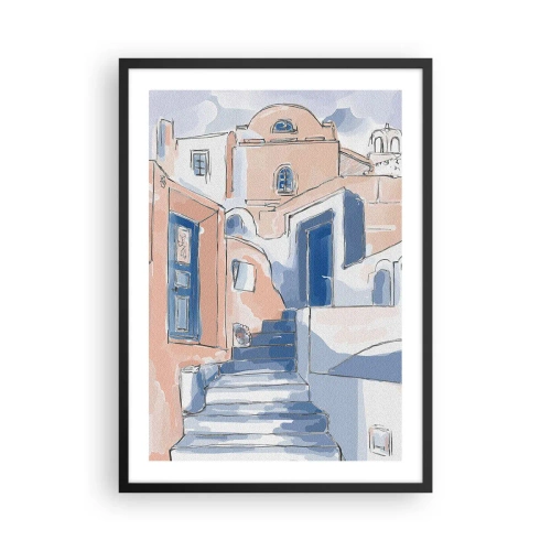 Poster in cornice nera - Una pittoresca strada in stile mediterraneo nei toni del blu - 50x70cm - Città esotica - Decorazione murale moderna per soggiorno e camera da letto ARTTOR