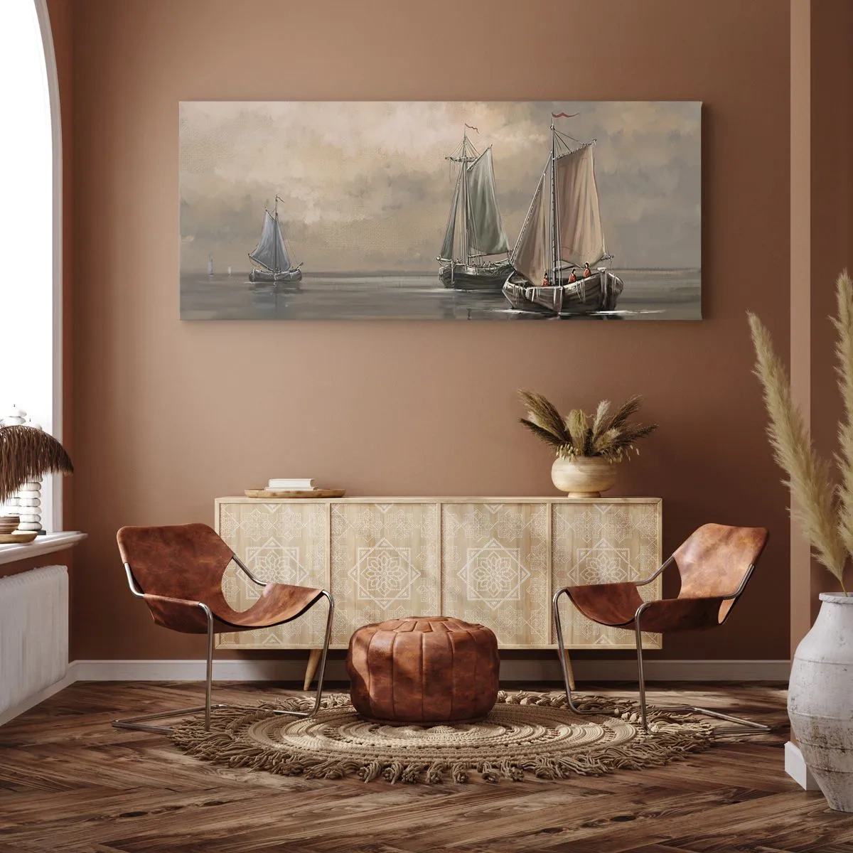 Quadro su tela - Stampe su Tela - Barche a vela su un mare calmo in un ambiente pastello - 120x50cm - Il ritorno dei marinai - Decorazione murale moderna per soggiorno e camera da letto ARTTOR